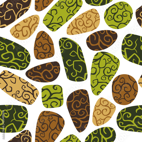Seamless pattern of green and brown stones with tracery on a white background