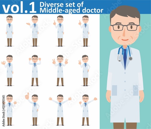 Diverse set of Middle-aged doctor on white background vol.1