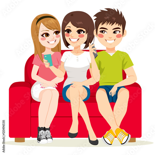 Friends together sitting on couch talking and using smartphone
