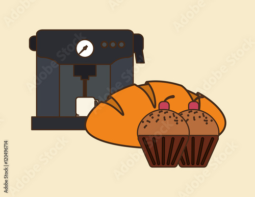 flat design coffee machine and pastry image vector illustration 