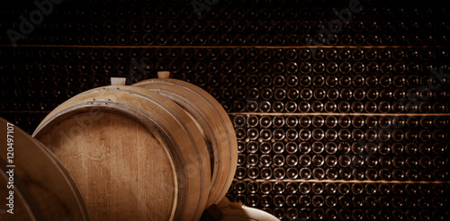 Underground wine cellar, Wooden barrels, bottles storage,