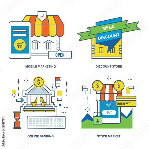 Concept of mobile marketing, discount store, online banking, stock market. photo