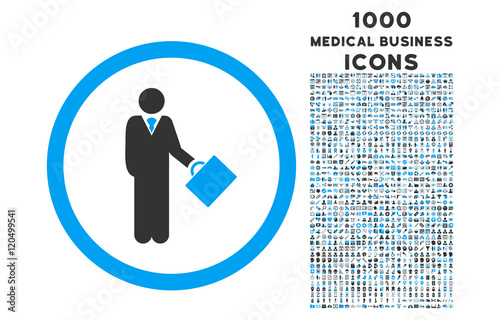 Businessman rounded vector bicolor icon with 1000 medical business icons. Set style is flat pictograms, blue and gray colors, white background.