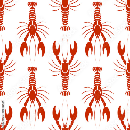 Vector seamless pattern with crayfishes or lobsters in orange red colors, white background. Simple flat design for textile, fabric, wrapping.
