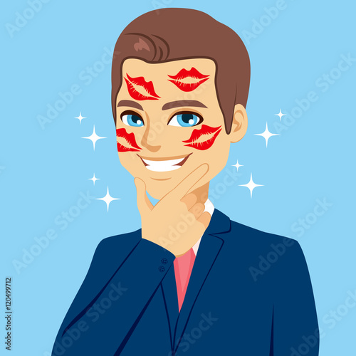 Young handsome attractive happy businessman proudly showing red lipstick marks on face