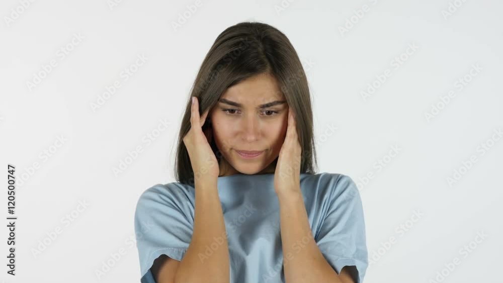 Headache for Tense Beautiful Girl, White Background in Studio Headache for Tense Beautiful Girl, White Background in Studio