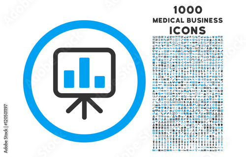 Slideshow Screen rounded vector bicolor icon with 1000 medical business icons. Set style is flat pictograms, blue and gray colors, white background.