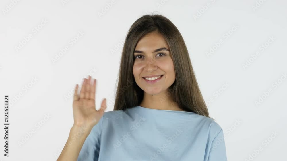 Hi, Hello, Waving Hand Beautiful Girl, White Background in Studio Hi, Hello, Waving Hand Beautiful Girl, White Background in Studio