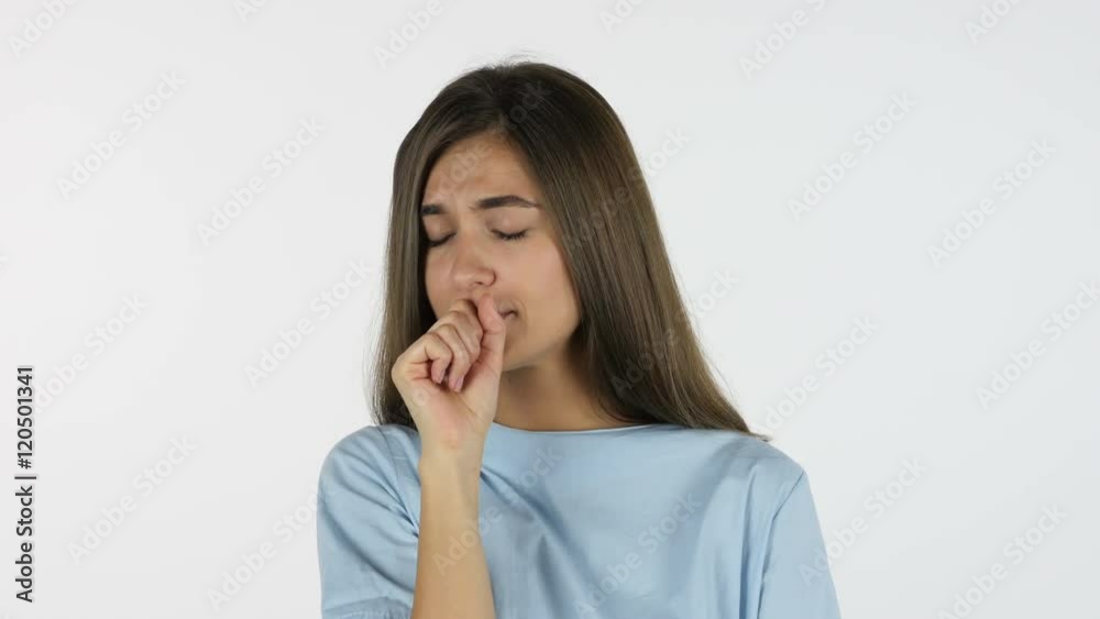 Coughing Sick Beautiful Girl, White Background in Studio Coughing Sick Beautiful Girl, White Background in Studio