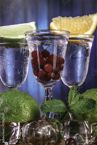 Cold alcohol set with background and fruits