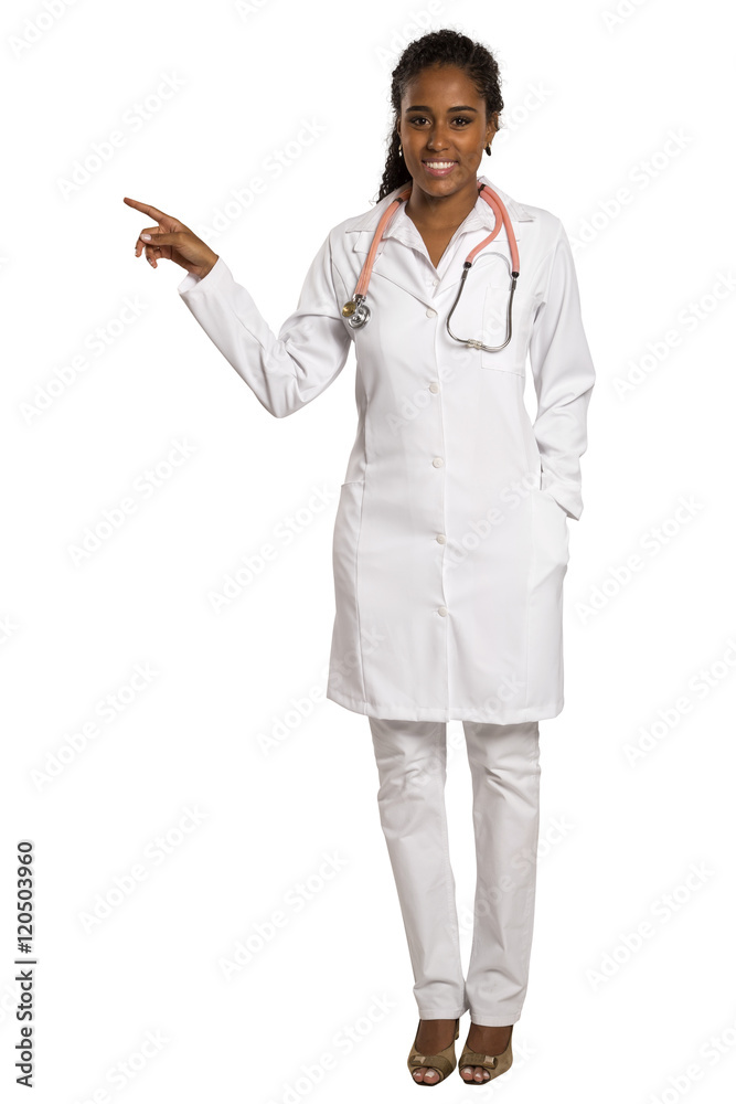 Happy female doctor pointing with her finger - isolated over whi Happy female doctor pointing with her finger - isolated over whi