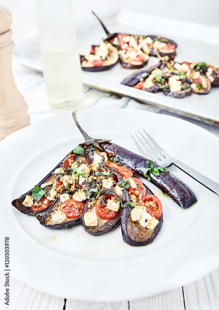 Eggplant with olive oil, basil and cherry tomatoes