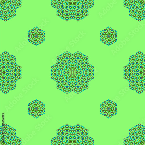Vector Seamless Texture on Green. Element for Design. Ornamental Backdrop. Pattern Fill. Ornate Floral Decor for Wallpaper. Traditional Decor on Background