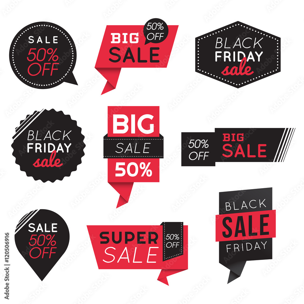 Set of Big Sale Discount Black Friday Banners, Labels, Badges.  Promotion Marketing. Vector illustration.