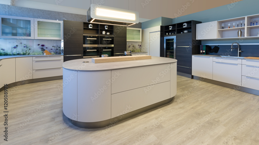 large designer kitchen with island rounded corners and lacquered fronts
