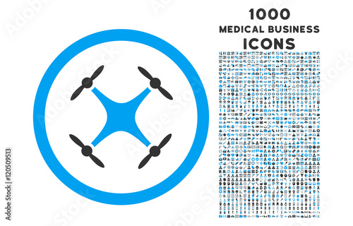 Quadcopter rounded vector bicolor icon with 1000 medical business icons. Set style is flat pictograms, blue and gray colors, white background.
