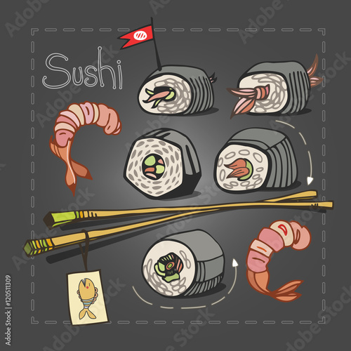 Sushi set with chopsticks on grey graphite background. Asian food. Vector illustration.