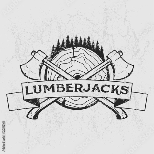 Lumberjack logo, t-shirt design with illustrated wood, trees, axes and ribbon. Hand drawn illustration.