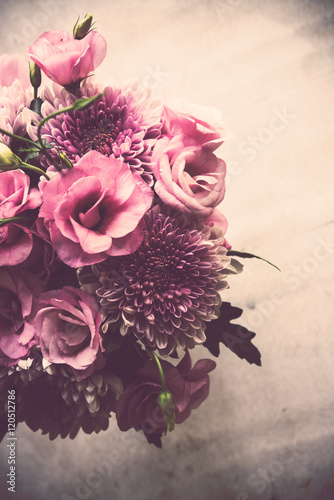 Fototapeta Naklejka Na Ścianę i Meble -  Bouquet of pink flowers closeup, eustoma and chrysanthemum