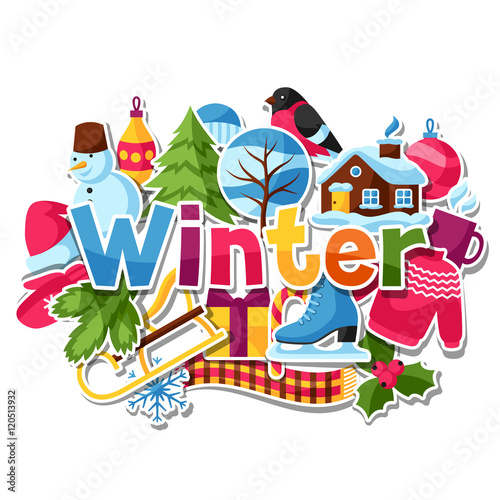 Background with winter stickers. Merry Christmas, Happy New Year holiday items and symbols