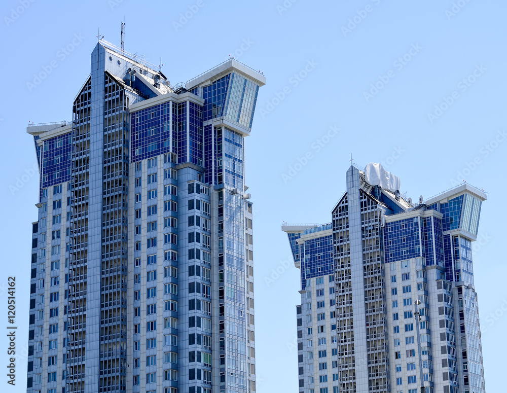 Blue skyscrapers facade. office buildings. Modern glass silhouet
