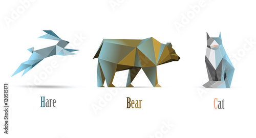 Vector polygonal illustration of animals cat, bear, hare, modern low poly icons, origami style isolated 