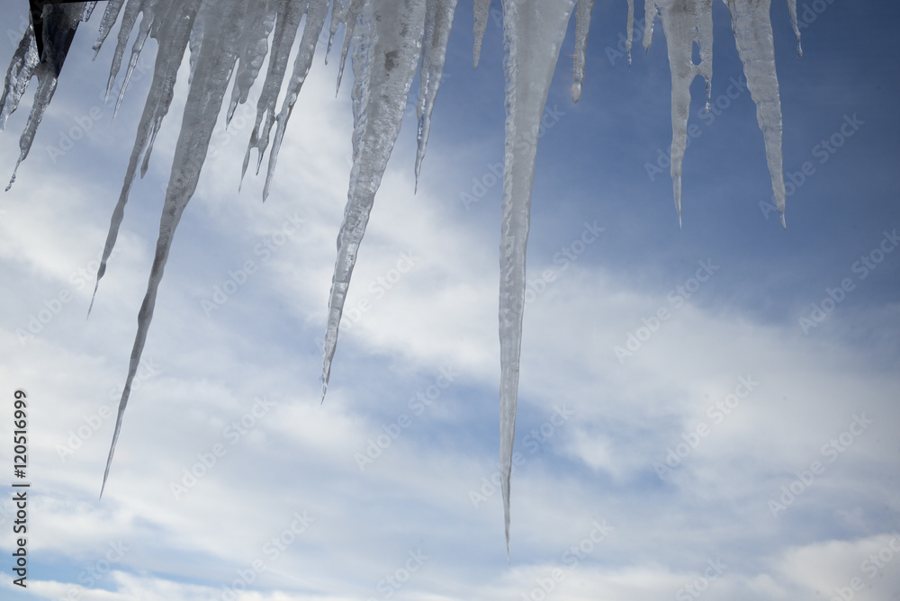 Icicles against cloudy sky, Kicking Horse Mountain Resort, Gold Icicles against cloudy sky, Kicking Horse Mountain Resort, Gold