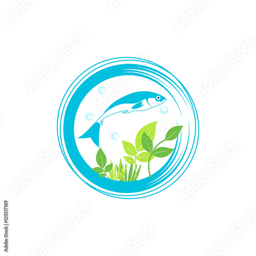 Blue fish in circle. Aquaponics System with Fish icon, logo