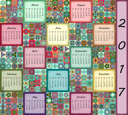 Calendar 2017. Vintage decorative colorful elements. Ornamental floral oriental pattern  vector illustration.