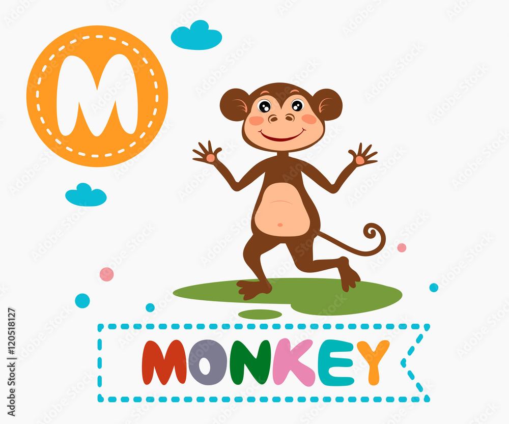 Hand drawn letter M and funny cute monkey