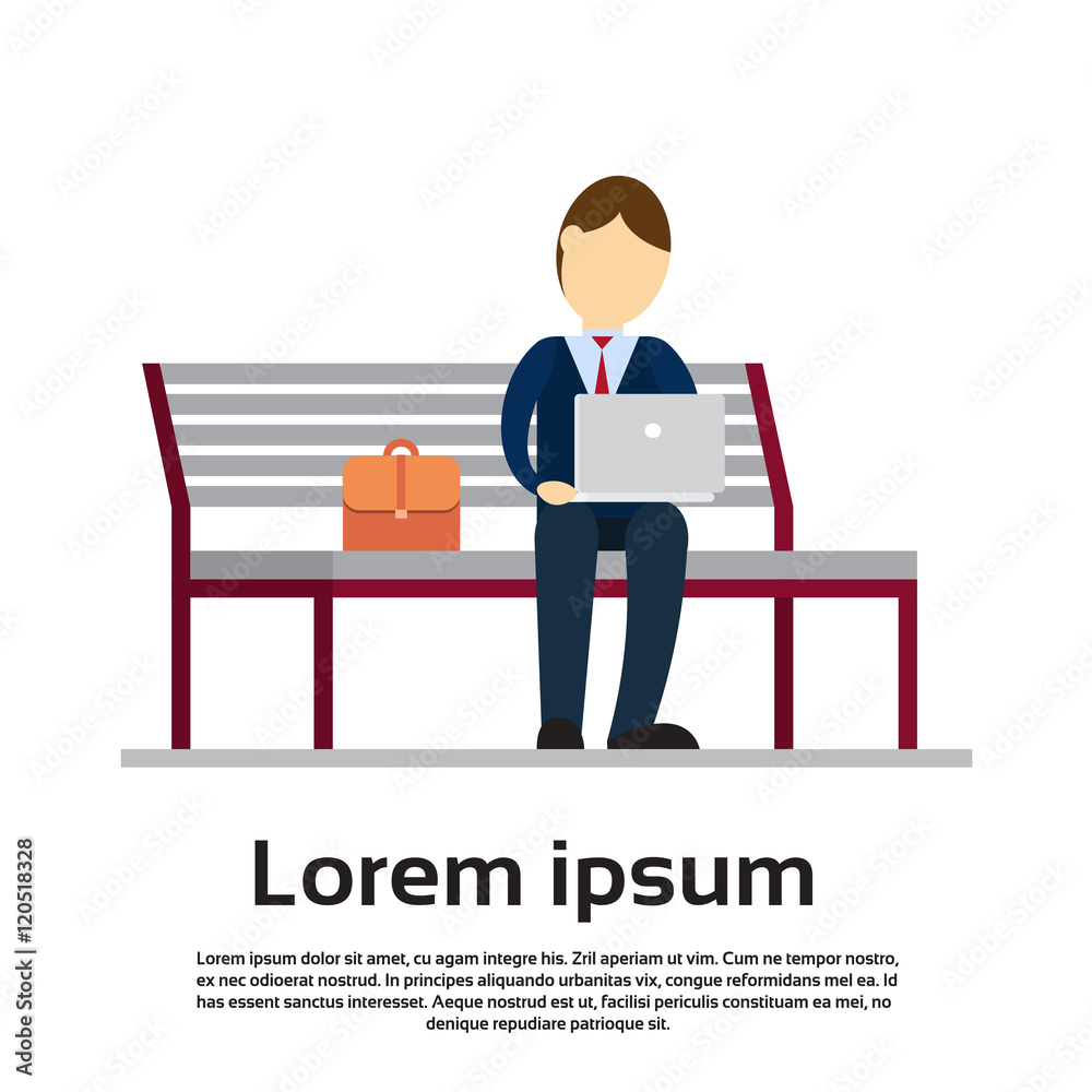 Business Man Sit On Park Bench Use Laptop Computer Business Man Sit On Park Bench Use Laptop Computer