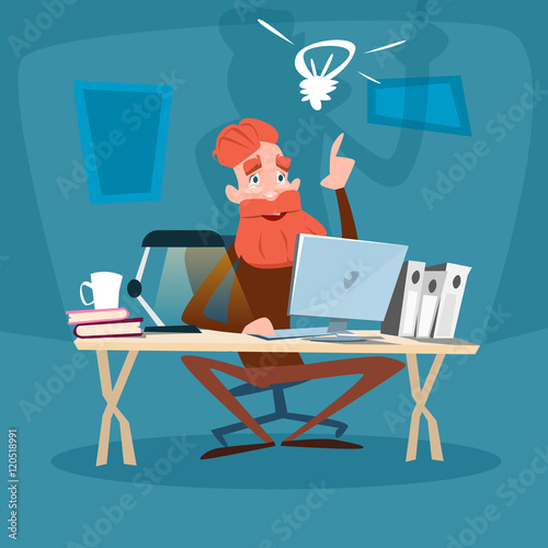 Senior Bearded Man Using Computer, Elder Businessman With New Idea