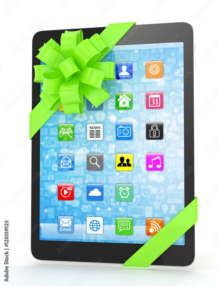 Black tablet with green bow and icons. 3D rendering.