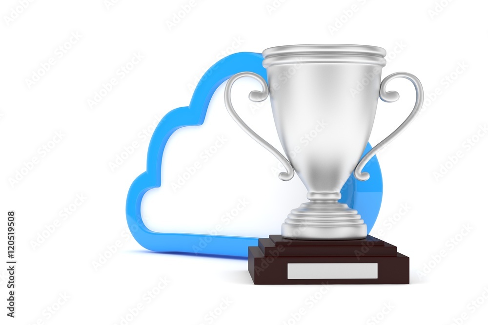 Isoalted silver cup with cloud on white background. Blue contour cloud. Concept of cloud storage competition. Leader cloud drive. Best storage contest. 3D rendering. Isoalted silver cup with cloud on white background. Blue contour cloud. Concept of cloud storage competition. Leader cloud drive. Best storage contest. 3D rendering.