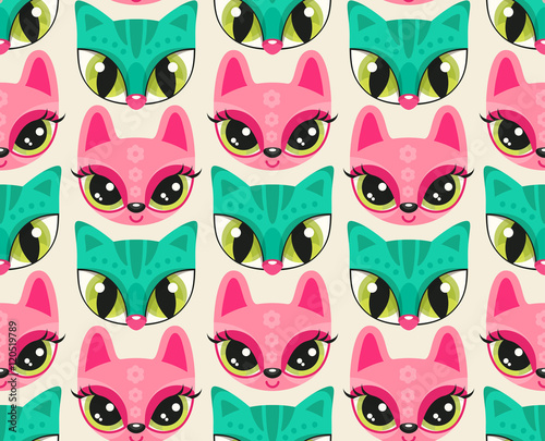 Seamless pattern with cute animal muzzles in flat style.
