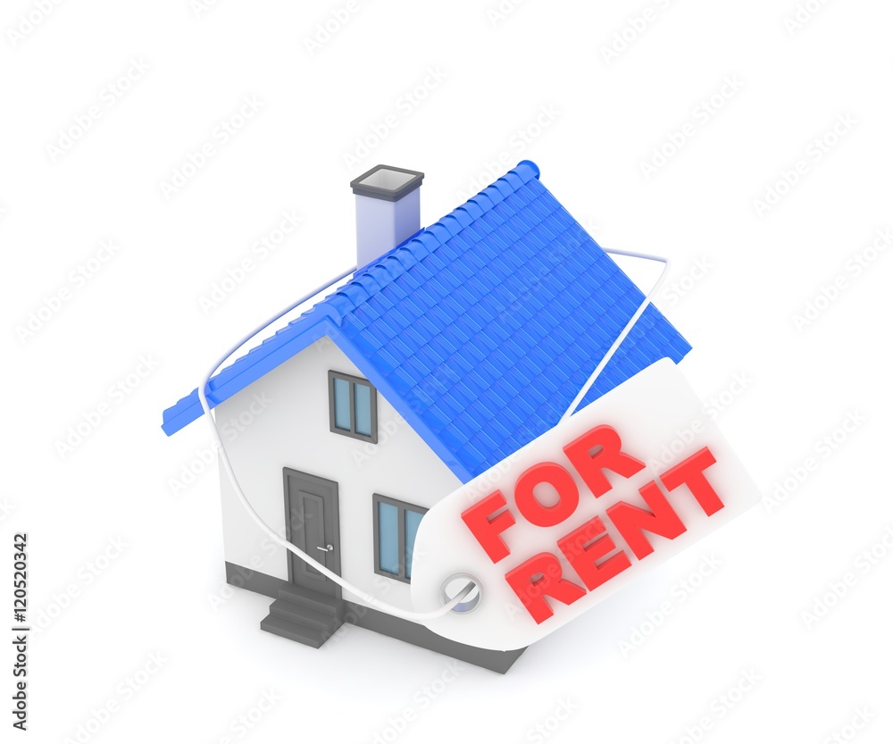Miniature model of house real estate for rent label on white background. 3D rendering. Miniature model of house real estate for rent label on white background. 3D rendering.