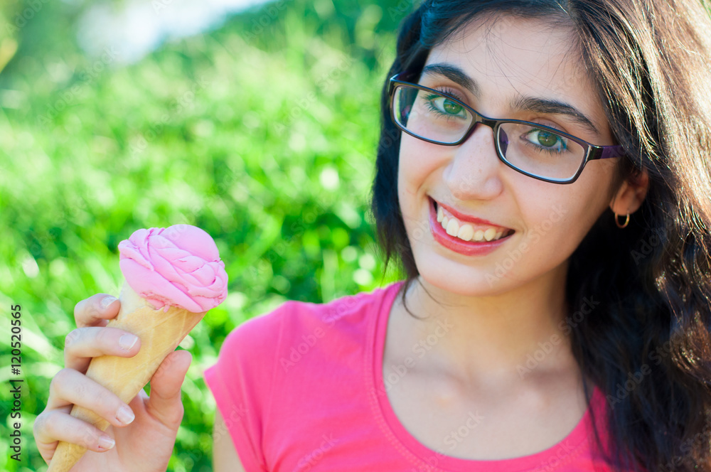 Girl with ice cream on the nature