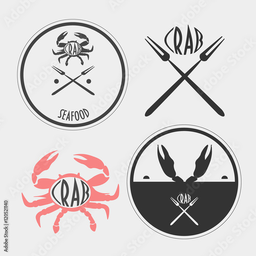 Set of Four Retro styled crab labels would be great for you as seafood shop design elements, pub menu icons, restaurant stamps,crab festival signs or seafood brand logo templates etc.