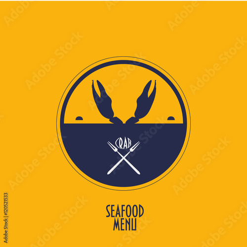 Vintage label with two crab claws and two crab forks designed to use as seafood restaurant menu element, crab festival menu element, crab menu icon on your seafood site.