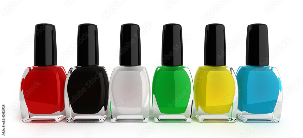 colored nail polish bottels 3d render on white background colored nail polish bottels 3d render on white background