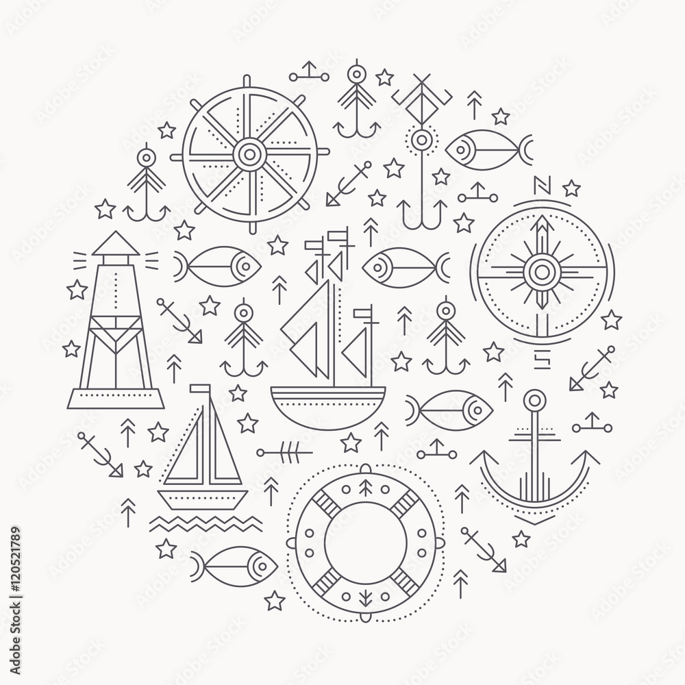 Obraz premium Vector illustration with outlined seafaring and nautical signs