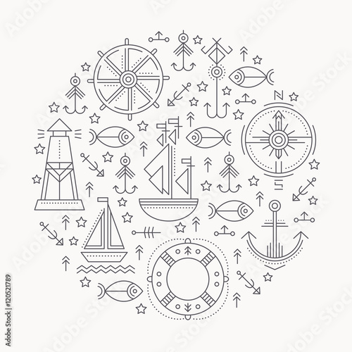 Vector illustration with outlined seafaring and nautical signs