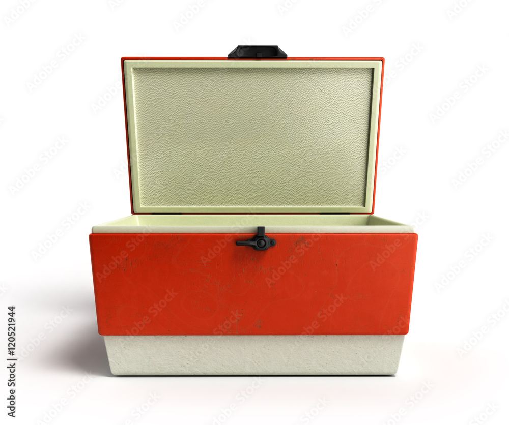 open beach refrigerator Cooler red 3d render on a white backgrou