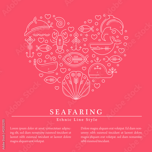 Vector illustration outlined signs of marine animals, heart