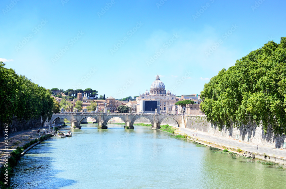 Vatican dome of San Pietro and Ponte Sant'Angelo, Italy.