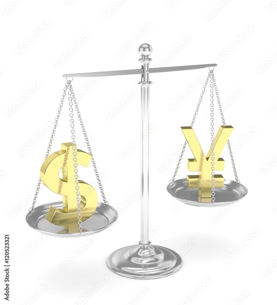 Isolated old fashioned pan scale with dollar and yuan,yen on white background. American and chinese and japanese currency. Currency equality. 3D rendering.