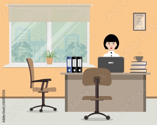 Web banner of an office worker. The woman is an employee at work. There is furniture in beige color on a window background. Vector illustration