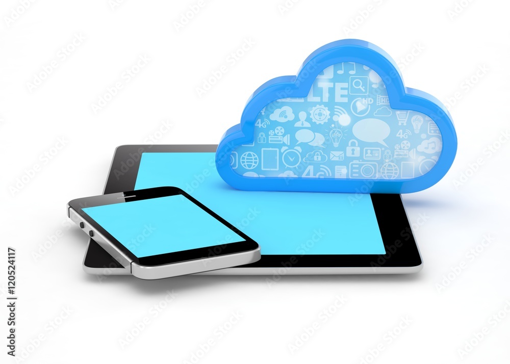 tablet pc, smart phone and cloud. 3d rendering. tablet pc, smart phone and cloud. 3d rendering.