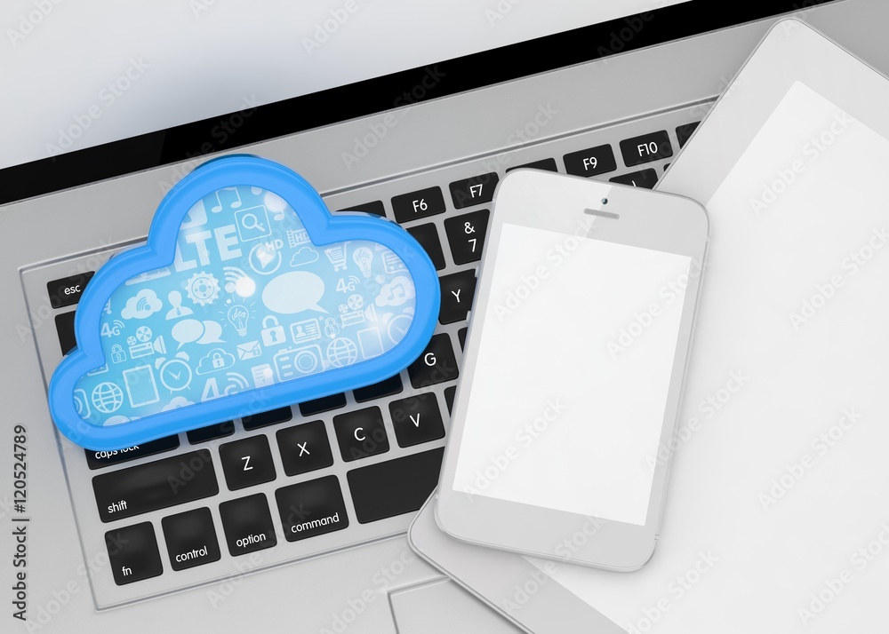 laptop, tablet pc, smart phone and cloud. 3d rendering. laptop, tablet pc, smart phone and cloud. 3d rendering.