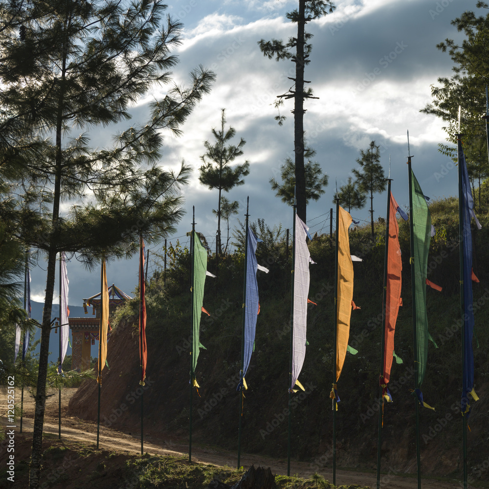 Fototapeta premium Prayer flags along a dirt road in Bhutan.